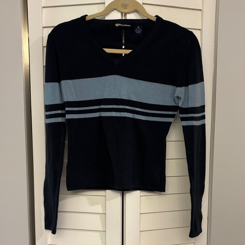 Vintage 90s Blue Asphault Navy and Light Blue Striped Long Sleeve Top